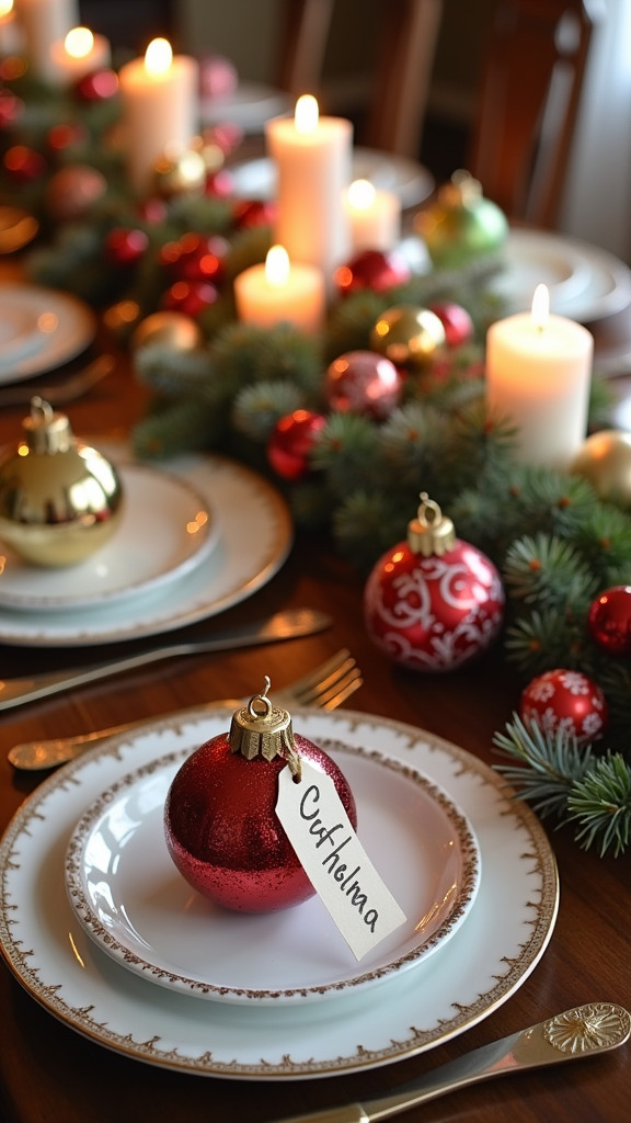 Colorful Christmas Ornaments as Place Settings