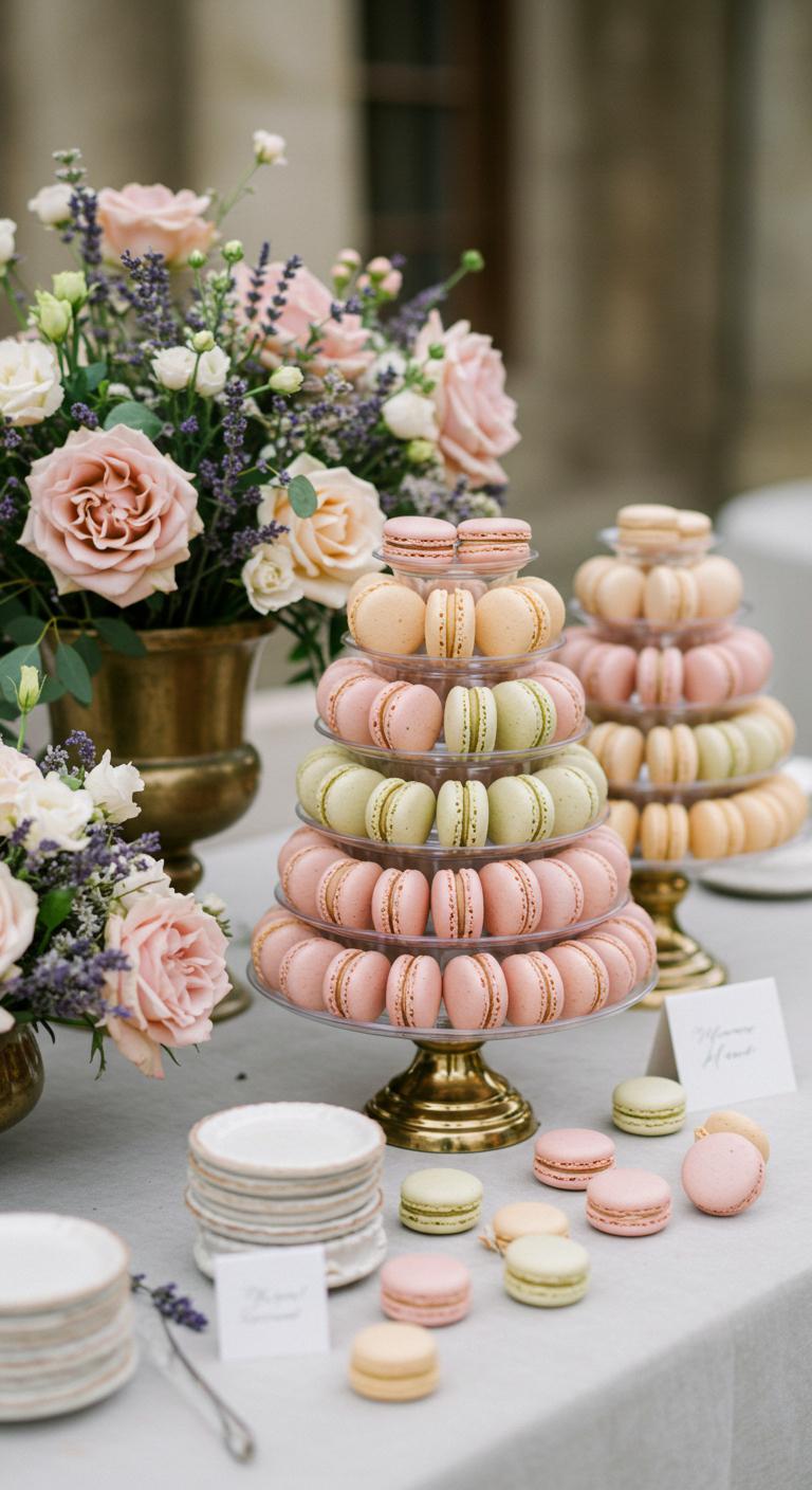 A **dreamy wedding setting** with **soft hues** and romantic touches featuring a display of **pastel macarons** in colors like lavender, rose, and pistachio. The scene should evoke a **sense of celebration** and elegance, with delicate **floral arrangements** and softly lit ambiance surrounding the macaron display.