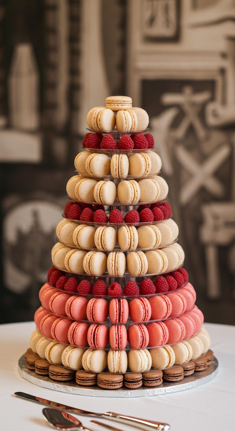 A beautifully structured **three-tier macaron cake** featuring **elegant macaron flavors** like raspberry and chocolate. The cake should be showcased on a tiered stand with a sophisticated, **wedding-themed backdrop**, highlighting the artistry and variety of the flavors to create an **unforgettable centerpiece**.