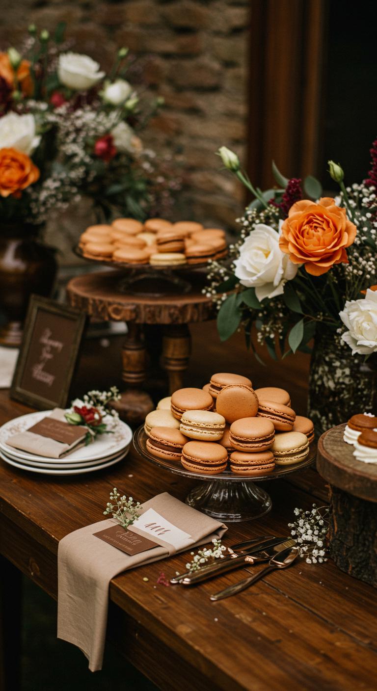 A **rustic chic wedding dessert table** featuring **elegantly arranged macarons** in earthy tones, adorned with floral accents. The scene includes **handcrafted details**, **vintage aesthetics**, and organic textures that evoke a **cozy warmth** and countryside elegance.