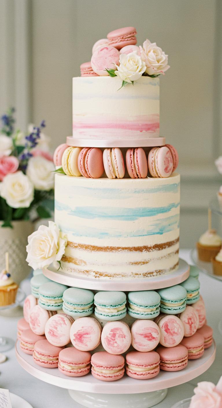 A **whimsical wedding cake** adorned with **vibrant watercolor macarons** in various pastel colors, featuring **artistic designs** and **playful elegance**. Surround the cake with delicate floral arrangements and display macarons in **unique, eye-catching flavors** like lavender honey and pistachio rose. The scene should evoke a sense of creativity and joy, showcasing an **enchanting dessert table** that highlights both visual beauty and delectable taste.
