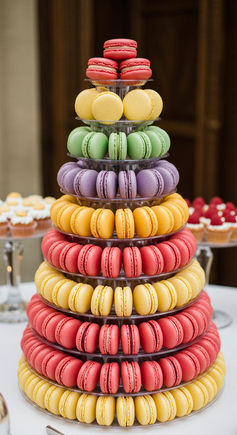 A beautifully arranged **Minimalist Macaron Cake** featuring an **elegant and uncluttered design**, showcasing an array of **colorful macarons** with flavors like classic vanilla, rich chocolate, vibrant raspberry, and zesty lemon. The cake should have a **sophisticated and chic appearance**, perfect for a wedding cake, surrounded by **seasonal blossoms** to enhance the theme of **simplicity and elegance**.