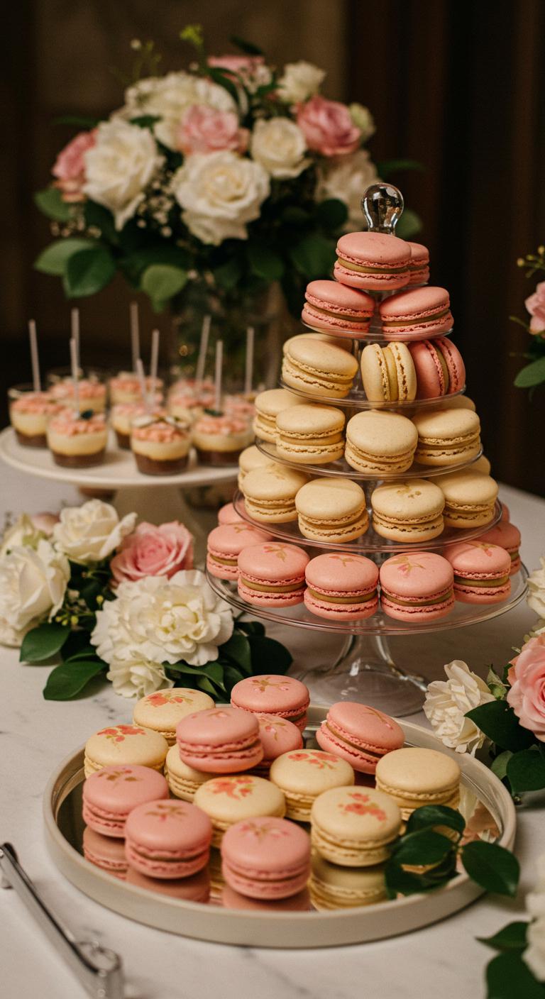 A beautifully designed **nautical-inspired macaron cake**, adorned with **playful motifs** like anchors and shells, showcasing colorful macarons bursting with flavors of **zesty lemon**, **salt caramel**, and coconut. The cake is set against a backdrop of **sandy shores** and ocean waves, evoking summer breezes and seaside adventures.