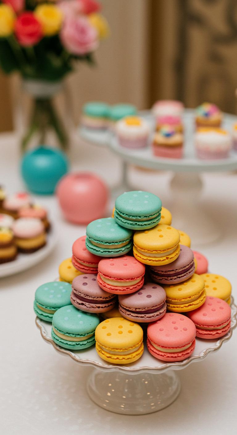 An array of vibrant, multi-colored macarons adorned with playful polka dots, arranged artistically on an elegant wedding dessert table, surrounded by whimsical decorations and a soft, romantic backdrop, capturing the charm and joy of a wedding celebration.