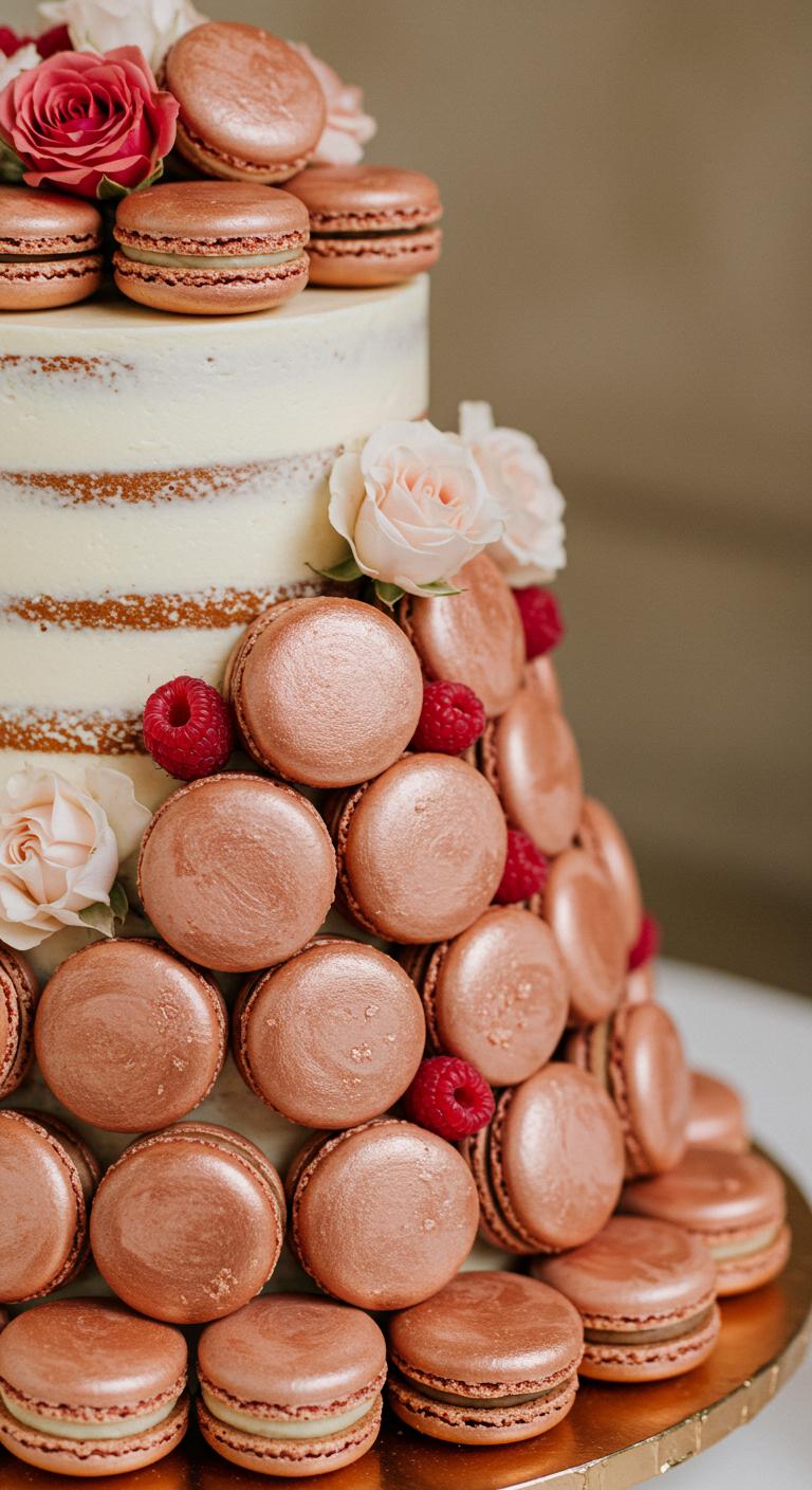 A beautiful **wedding cake** adorned with elegant **romantic rose gold macarons**. The macarons feature a **stunning rose gold palette** and are arranged artfully around the cake. The scene includes delicate touches like **raspberry rose** and **vanilla almond** flavors represented through subtle decorations or small details on the cake. The setting is soft and luxurious, enhancing the romantic atmosphere.