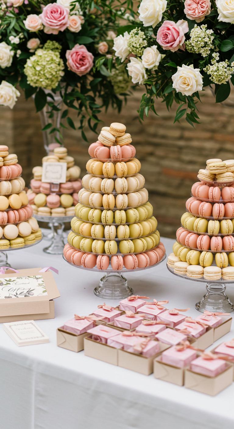 A **chic wedding dessert table** featuring **elegantly stacked macaron towers** in **soft pastel colors** like vanilla, pistachio, and raspberry. The macaron stacks should vary in height for visual appeal, with a backdrop of delicate floral arrangements. Include **individual boxes filled with macarons** for guests, beautifully presented to enhance the overall experience.