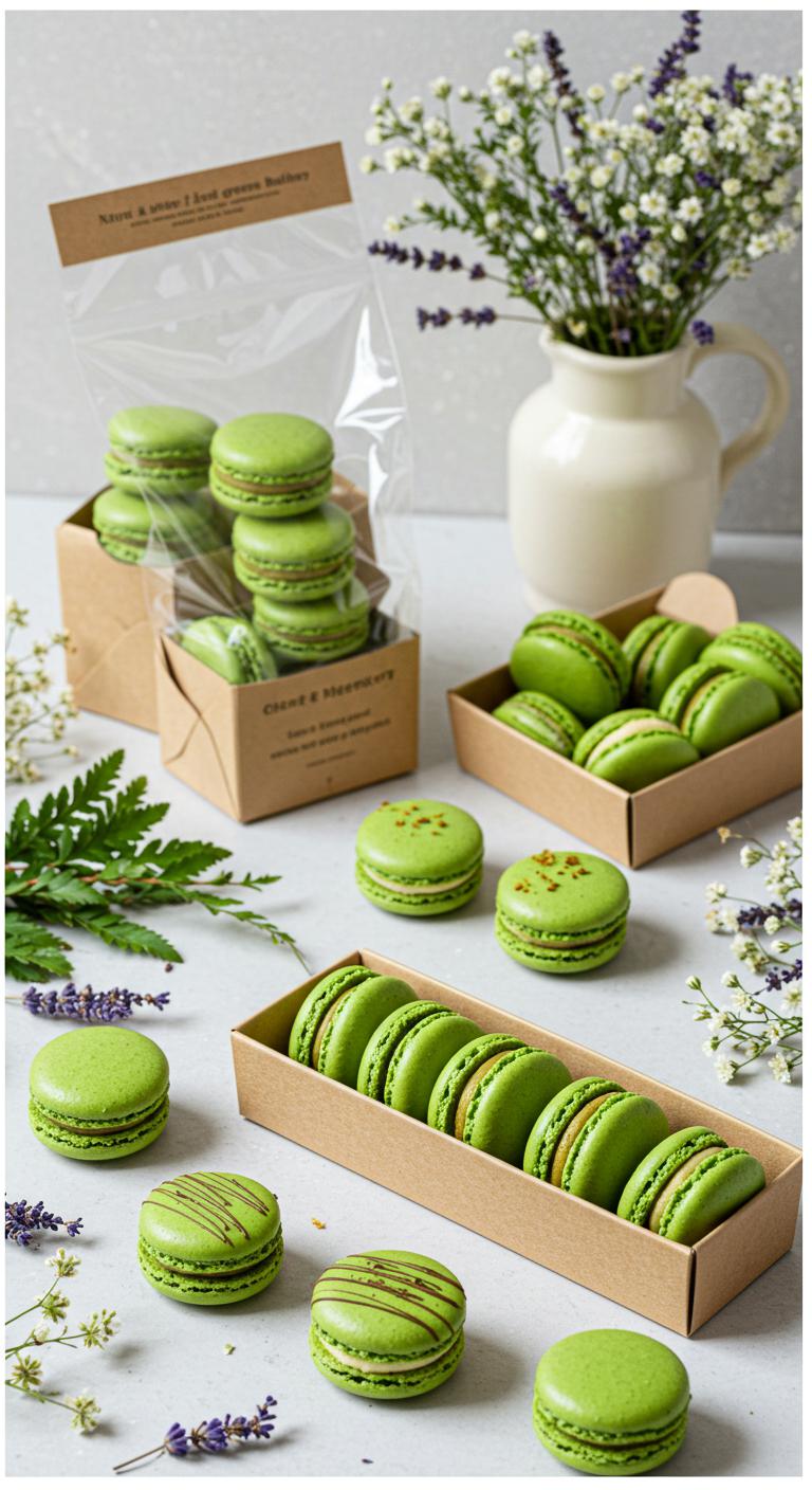 A beautiful display of **nature-inspired greenery macarons**, showcasing **delightful flavors** like matcha and lavender. The macarons are arranged artfully in **eco-friendly packaging**, surrounded by **fresh greenery** and **soft floral accents**, reflecting the essence of the outdoors. The setting is bright and inviting, emphasizing the natural beauty and sustainability of these treats.