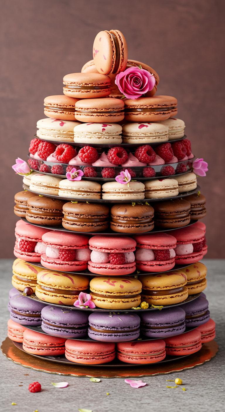 A beautifully decorated **wedding cake** with charming **buttercream macaron accents** in **various flavors**, including vanilla bean, raspberry, and salted caramel. The cake has a soft and elegant design, and the macarons add vibrant colors and textures, creating a **stunning contrast**. The setting is a **romantic atmosphere**, capturing the essence of a **special day** filled with sweetness and sophistication.