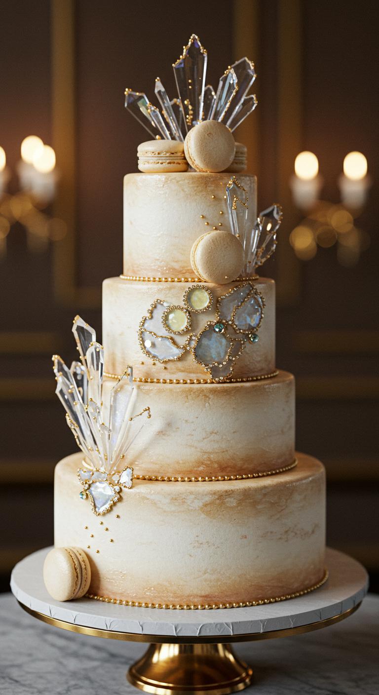 A beautifully decorated **wedding cake** adorned with **elegant crystal macaron embellishments**. The macaron accents glisten like gems, reflecting light and enhancing the cake’s **overall design**. The setting is a **magical atmosphere** filled with **charm and sophistication**, perfect for a special day. The background features soft, romantic lighting that complements the cake’s elegance, creating a captivating scene.