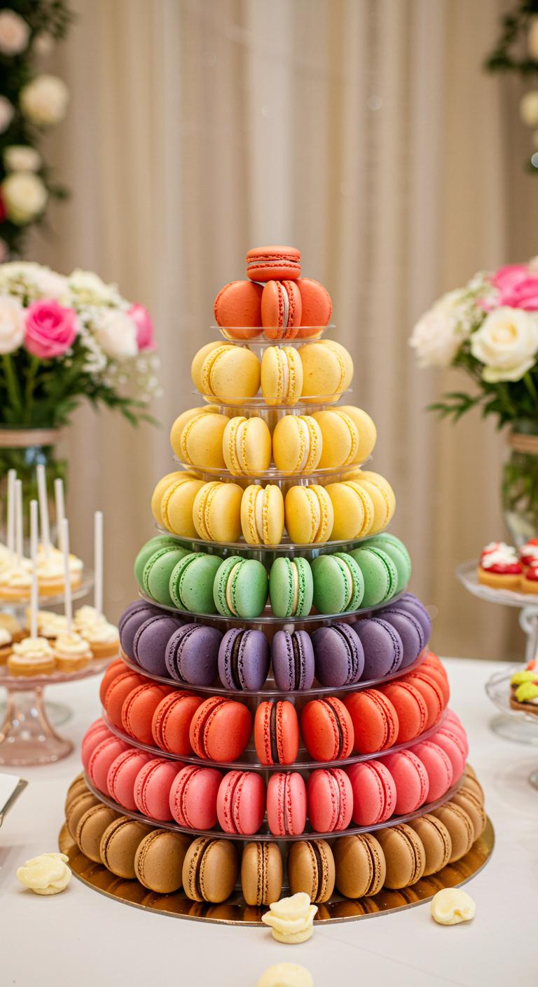 A beautifully designed **macaron cake**, featuring a rainbow of vibrant macaron colors arranged in an elegant pattern. The cake is set against a soft, romantic wedding backdrop, with decorative elements that match the wedding theme. Flavors of the macarons are visually suggested through decorative elements, and unique display ideas for the dessert table are showcased, creating an eye-catching focal point.