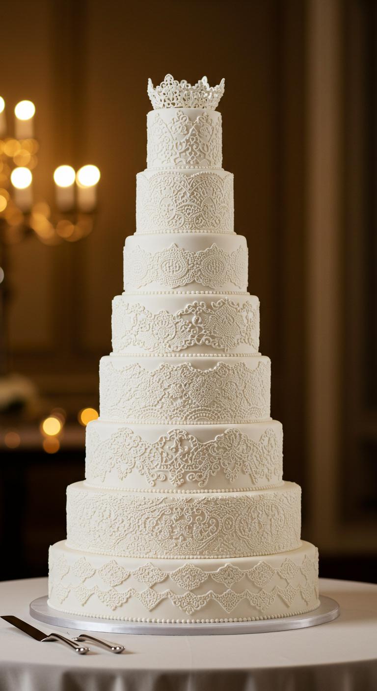 A stunning **elegant white lace layer cake** with **intricate lace patterns**, showcased on a **beautifully decorated table**, surrounded by soft, elegant lighting. The cake features multiple tiers, each adorned with delicate lace designs, creating a **sophisticated and charming atmosphere**, suitable for weddings or special celebrations.