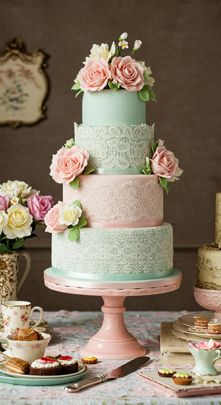 A beautifully decorated cake showcasing **vintage lace** designs and delicate floral arrangements in **soft pastel colors** and **vibrant hues**, set on a whimsical celebration table adorned with nostalgic elements. The cake should be the centerpiece, captivating guests with its elegance and charm.