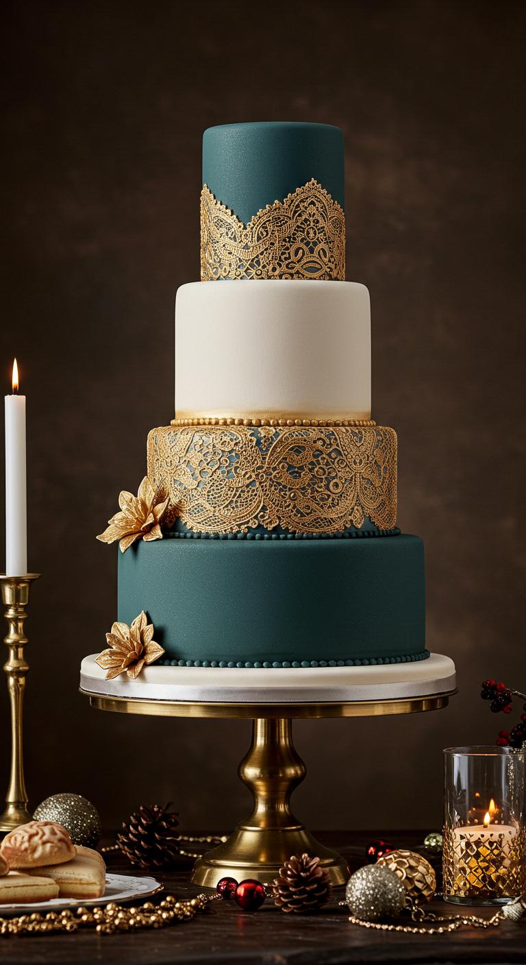A sophisticated black and white lace cake featuring a **striking black lace design** layered over **creamy white frosting**, creating a **dramatic contrast**. The cake is adorned with **intricate details of white lace**, exuding a **refined charm**. Set against a luxurious backdrop with elegant table settings to highlight its allure for **upscale occasions**. Captured in soft lighting to enhance the cake’s sophisticated aesthetic.