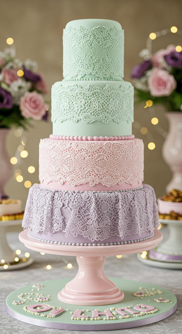 A **whimsical pastel lace cake** adorned with **soft hues of pink**, lavender, and mint green. The cake features **intricate lace details** elegantly draped across each layer, showcasing **delicate patterns** that create a **magical atmosphere**. The pastel colors and delicate designs invite viewers into a whimsical world, making it the perfect centerpiece for any celebration. The cake sits on a beautifully decorated table, surrounded by flowers and twinkling lights, evoking a sense of enchantment.