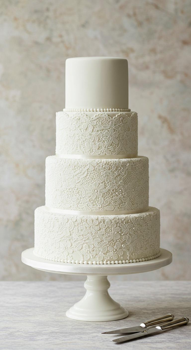 A beautifully designed tiered cake featuring intricate **lace patterns** adorning its sides, complemented by elegant **pearl accents**. The cake should be set against a **soft, romantic backdrop** suitable for a wedding or intimate gathering, highlighting its **simplicity and sophistication**. The overall color palette should convey an **air of elegance**, with soft pastels or classic whites, reflecting a minimalist yet charming aesthetic.