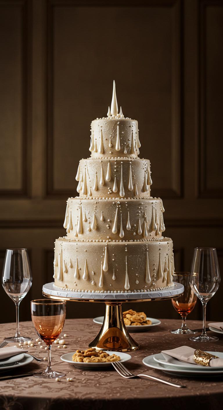 An elegantly designed cake featuring **stunning pearl droplet techniques**, with glistening droplets resembling precious gems. The cake is displayed as a centerpiece at a sophisticated celebration, exuding luxury and artistry, surrounded by elegantly set table decor. Soft lighting accentuates the cake’s intricate details and sumptuous colors, creating an atmosphere of opulence and indulgence.