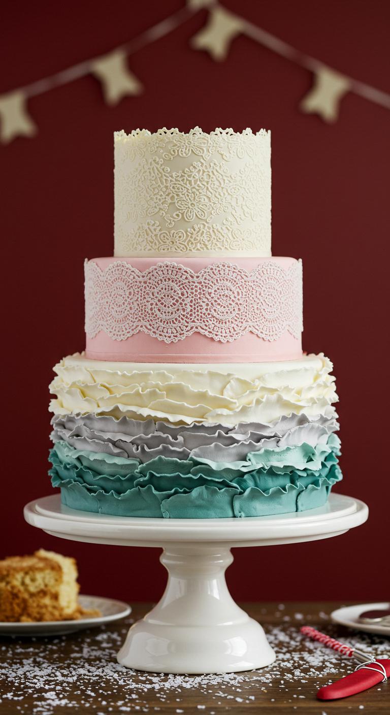 A beautifully crafted cake featuring elegant lace ruffle techniques, showcasing intricate **delicate patterns** and soft textures. The cake is adorned with layered ruffles in a harmonious balance of colors, making it a captivating showstopper for a celebration. The backdrop is a festive setting, enhancing the visual appeal of this **stunning masterpiece**.