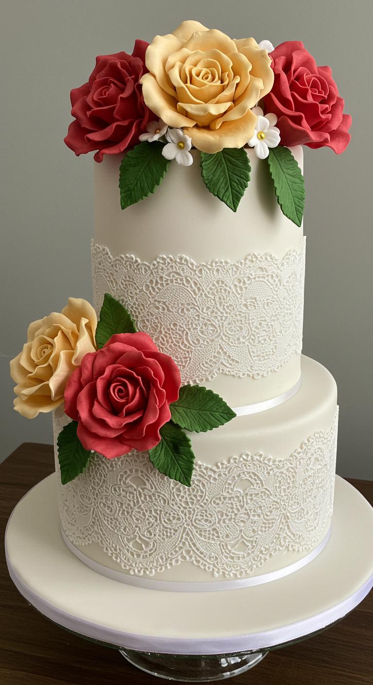 A beautifully designed cake featuring a stunning ombre effect with a **seamless blend of colors**, adorned with **delicate lace motifs** that appear to dance across the surface. The cake is elegantly presented, capturing the **enchanting essence** of an exquisite celebration. The background is softly blurred to emphasize the cake’s intricate details and color gradient.