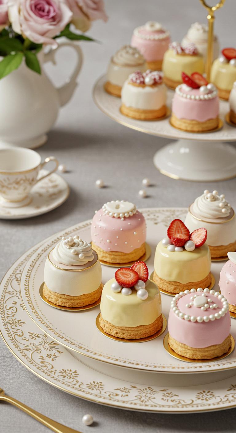 A collection of **dainty mini cakes** arranged beautifully on an elegant platter. Each cake features **charming miniature designs** and **delicate pearl decorations**, showcasing **intricate details**. The setting includes a sophisticated backdrop suitable for a **celebration or an afternoon tea**, highlighting the beauty and elegance of these little treats. The image captures the essence of indulgence and admiration for these beautifully crafted, small cakes.