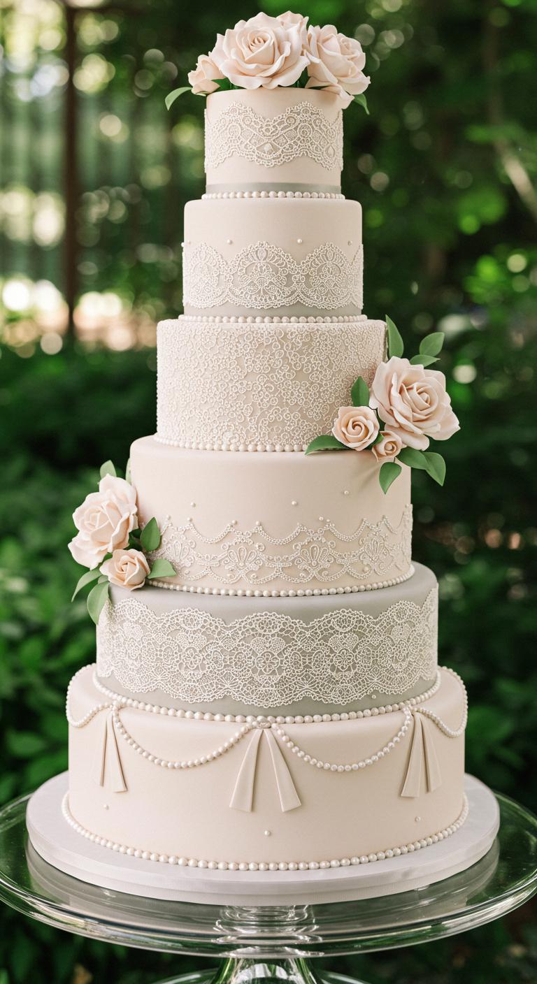 A beautiful, **multi-tiered cake** adorned with **intricate lace patterns** and **shimmering pearl decorations**. The cake is designed with delicate floral elements and has a **garden-inspired theme**, showcasing **elegance and sophistication**. The setting is vibrant and lush, evoking the essence of a garden celebration.