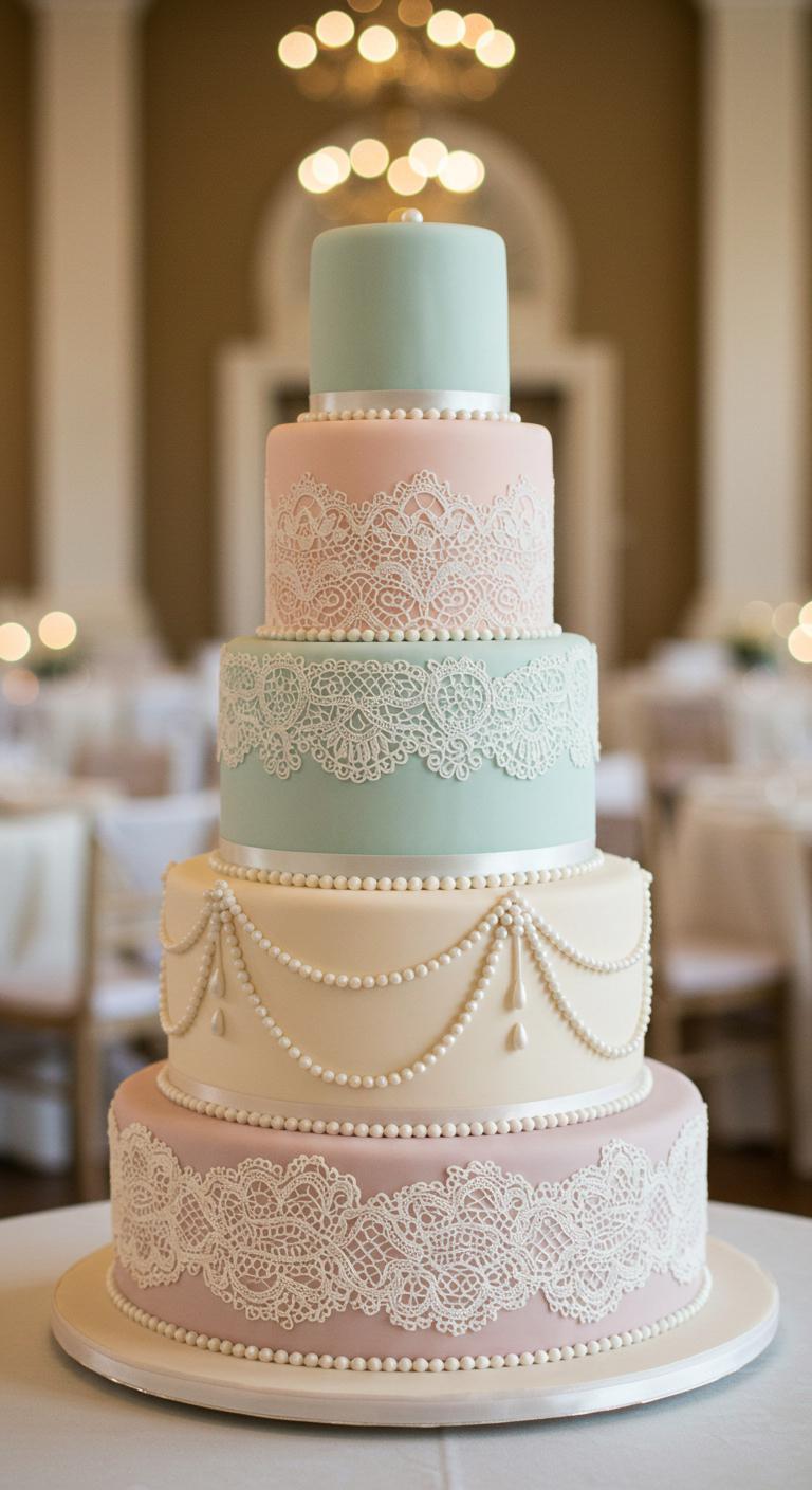 A stunning cake featuring **intricate lace designs** and **delicate pearl accents**, symbolizing **elegance and sophistication**. The cake is adorned with soft pastel colors and set against a background of a beautifully decorated wedding or milestone event, capturing the essence of grandeur and celebration.