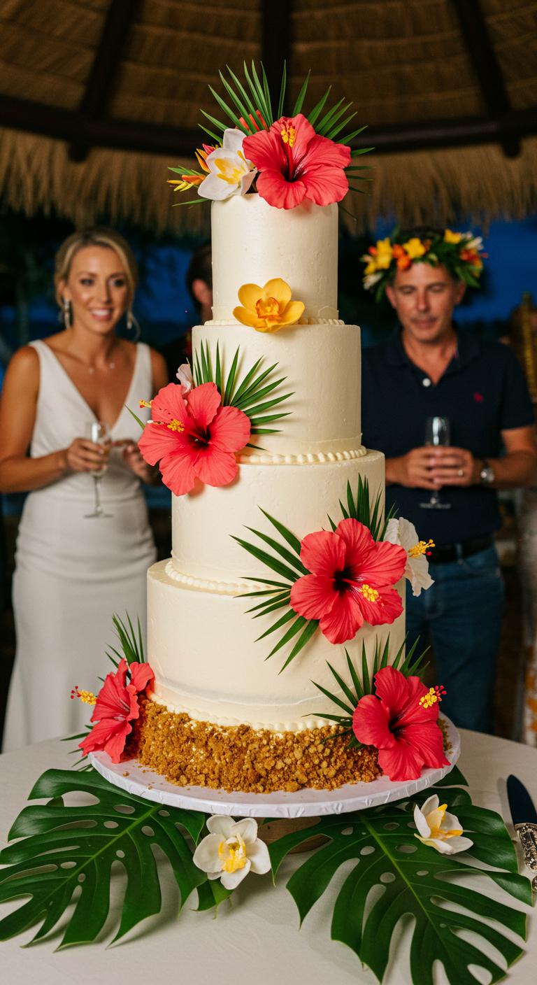 A stunning **tropical wedding cake** adorned with **vibrant hibiscus flowers** and **delicate orchids**, bursting with color in a paradise setting. The cake showcases intricate decorations and is visually enchanting, surrounded by a joyful celebration atmosphere with guests admiring the creation.