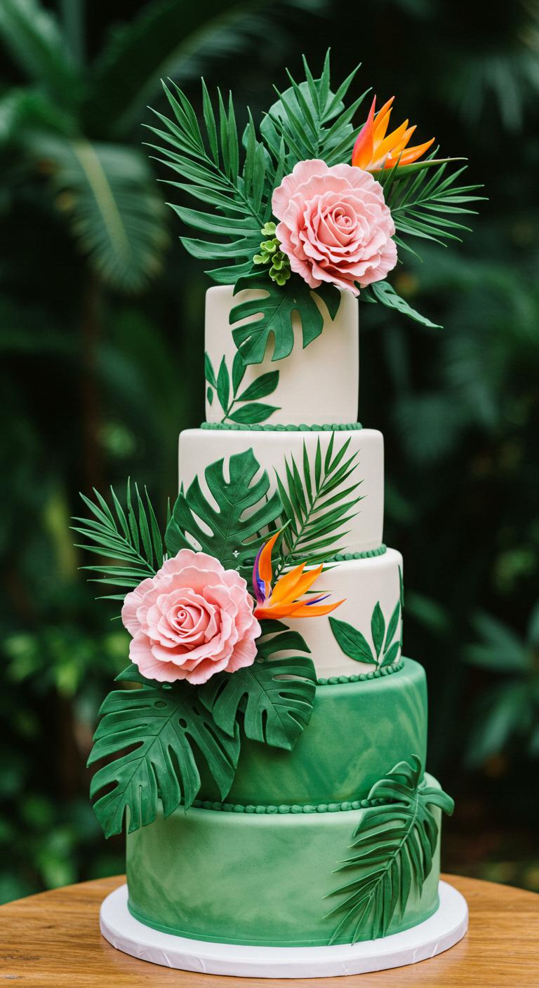 A beautifully decorated **tropical wedding cake** adorned with bold green foliage and **intricate sugar flowers** in **vibrant colors**. The cake is set against a backdrop of a **lush paradise environment**, emphasizing the tropical theme, with rich greens and deep hues enhancing its **visual impact**. The cake serves as a stunning centerpiece, embodying the essence of a tropical wedding celebration.