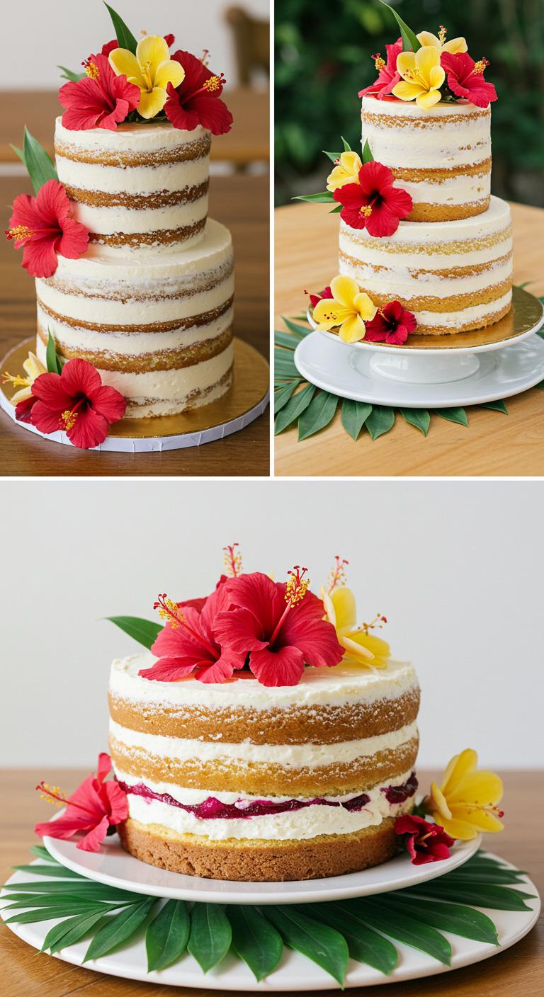 A **luxurious wedding cake** featuring layers of **coconut cream** and **hibiscus**, beautifully decorated with **tropical flowers** and **vibrant colors**. The cake should exude a **sun-soaked paradise** vibe, showcasing the rich coconut flavor and delicate hibiscus infusion, with an emphasis on the stunning visual appeal that captures the essence of a tropical celebration.