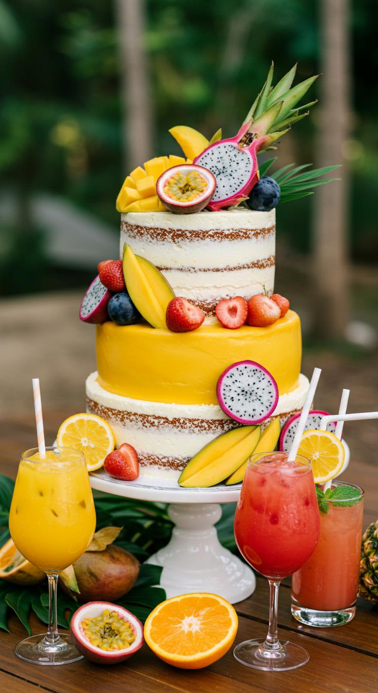 A visually stunning **tropical wedding cake** adorned with **vibrant exotic fruits** like **mango slices**, passion fruit, and dragon fruit, surrounded by **tropical fruit cocktails**, capturing the essence of a joyful celebration in a picturesque setting.