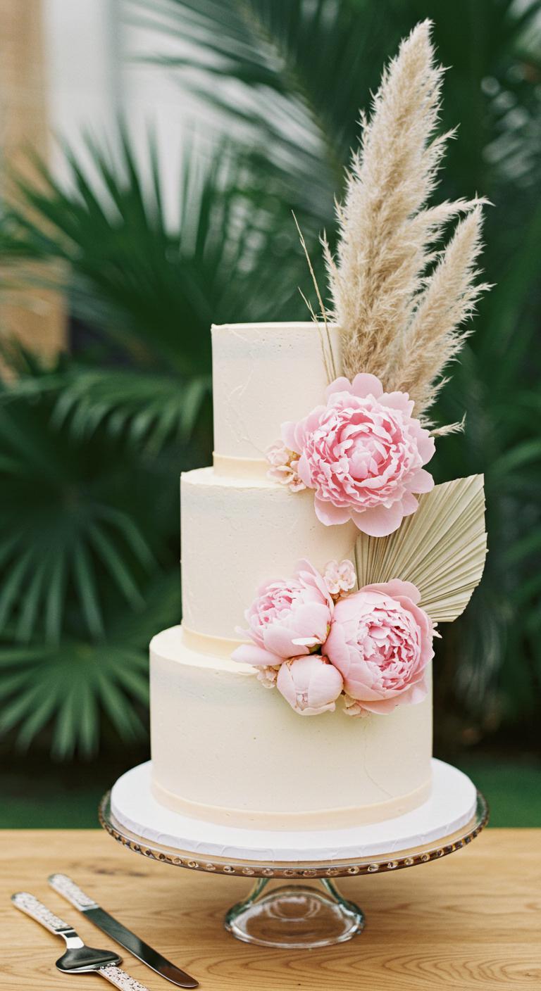 An elegant wedding cake adorned with **blush pink peonies** and **pampas grass**, set against a lush tropical backdrop. The cake should look **romantic and ethereal**, with soft pastel colors and airy textures, exuding a **boho charm**. The atmosphere should evoke the **enchanting beauty of paradise weddings**.