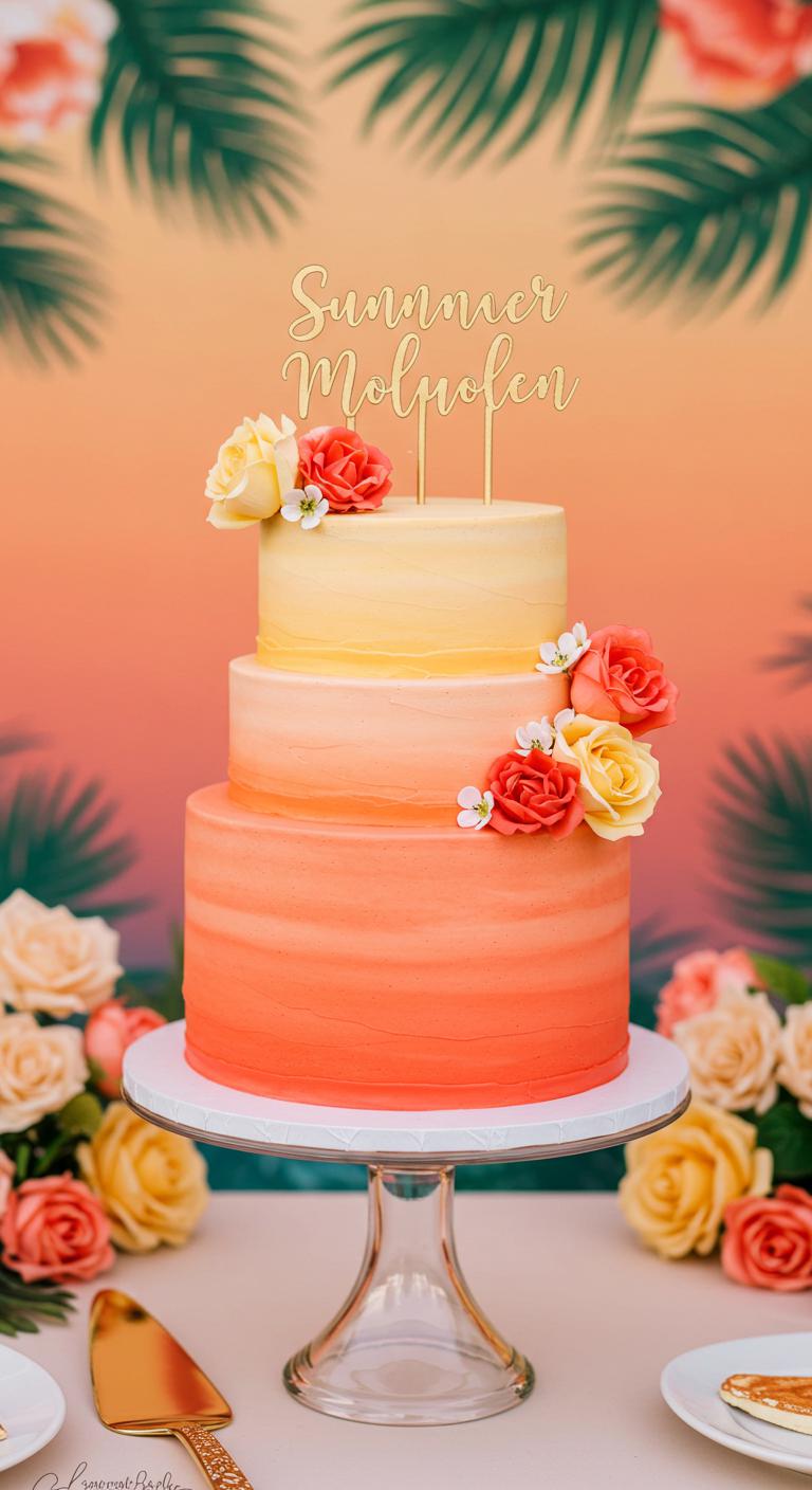 A **sunset ombre cake** showcasing soft shades of **coral, peach, and golden yellow**, decorated with **delicate floral toppers** against a **tropical-themed wedding backdrop**. The cake is a **stunning centerpiece**, surrounded by summer wedding elements that enhance its beauty.