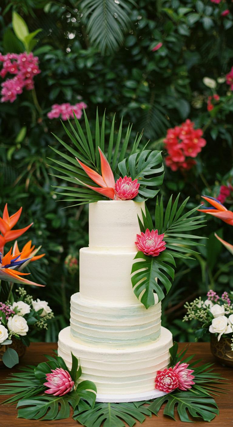 A **stunning wedding cake** adorned with **bold tropical arrangements** featuring large leafy greens and vivid flowers, juxtaposed against elegant cake layers, set in a **lush green environment** filled with vibrant tropical blossoms. The scene exudes the essence of a **tropical celebration**, showcasing the **artistry and beauty** of nature on a wedding day.