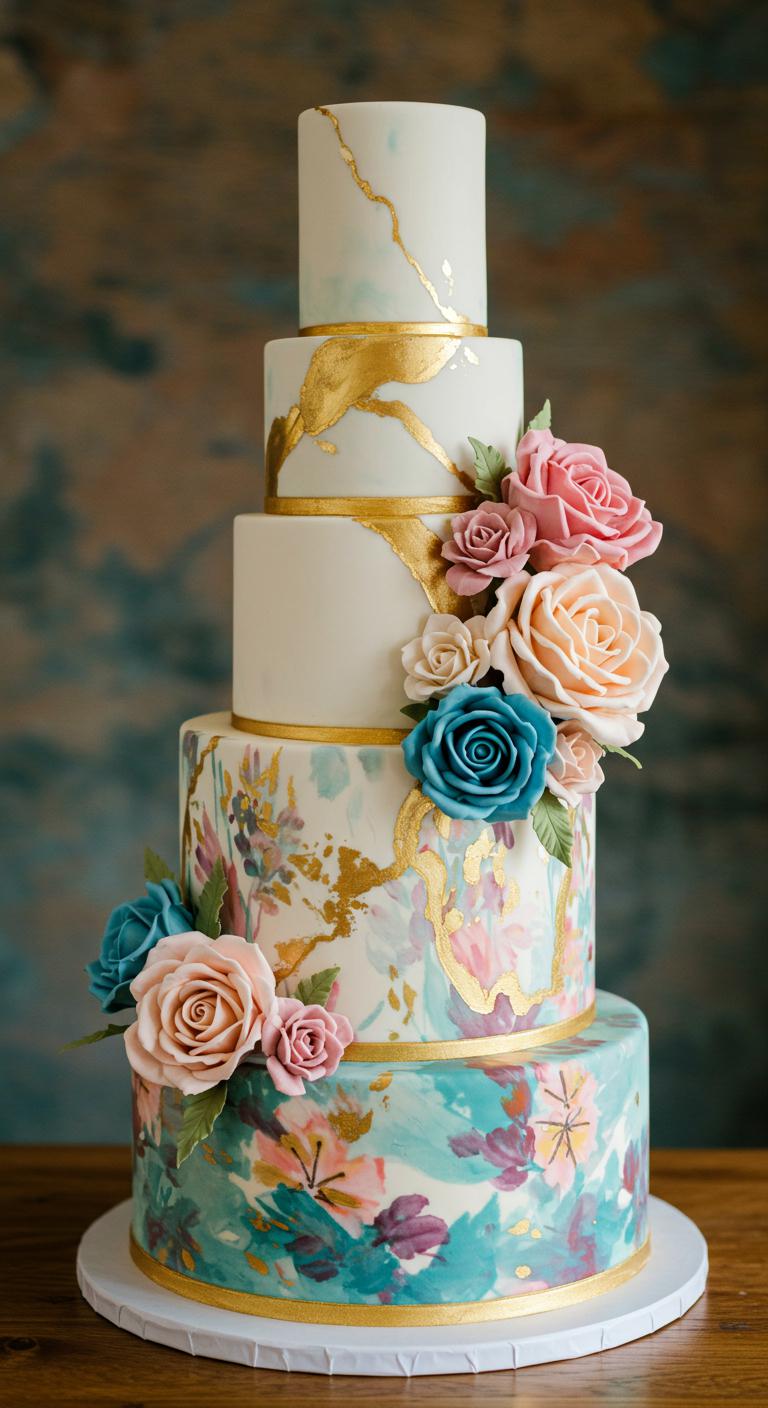 An **elegant wedding cake** featuring **intricate floral designs** in rich pastels, with **delicate gold piping accents** that mimic nature. The cake should be beautifully arranged to create a **stunning focal point**, embodying the **essence of a paradise wedding**, with a background that enhances the enchanting atmosphere.