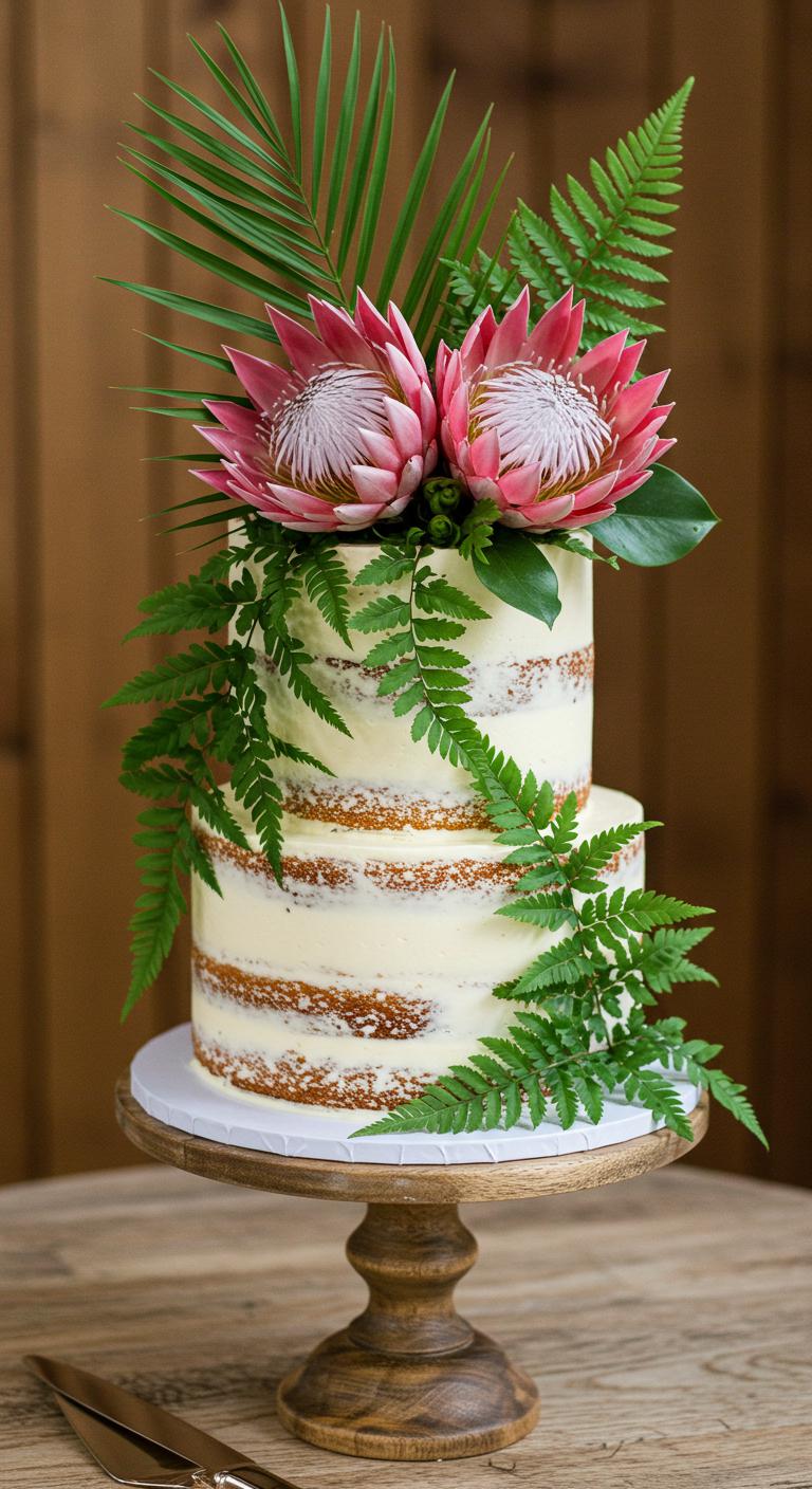 A beautifully decorated **wedding cake** featuring striking **protea blooms** and **lush ferns**, showcasing a **breathtaking floral design**. The cake is adorned with different varieties of ferns for texture and depth, reflecting the tropical theme. The color palette complements **rustic elegance**, making the cake a **stunning centerpiece**. Surround the cake with a natural, tropical setting to enhance the overall ambiance.