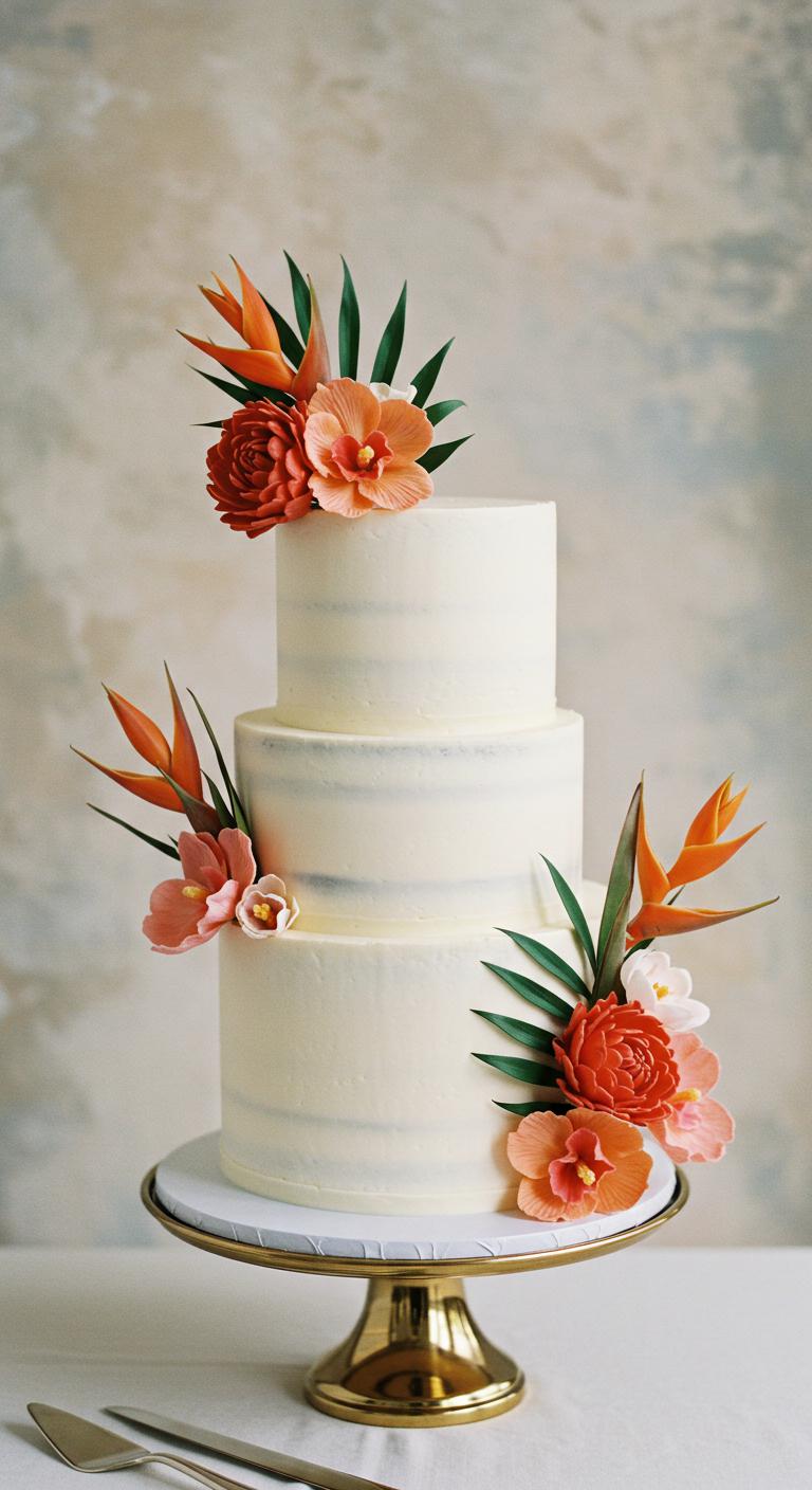 A **minimalist wedding cake** with a sleek design, featuring **vibrant tropical flowers** artfully arranged on top and around the sides, set against a **soft, elegant backdrop** to emphasize the beauty of simplicity and bold colors. The cake should convey a sense of **tropical elegance** and natural artistry, capturing the latest wedding trends while serving as a striking centerpiece.