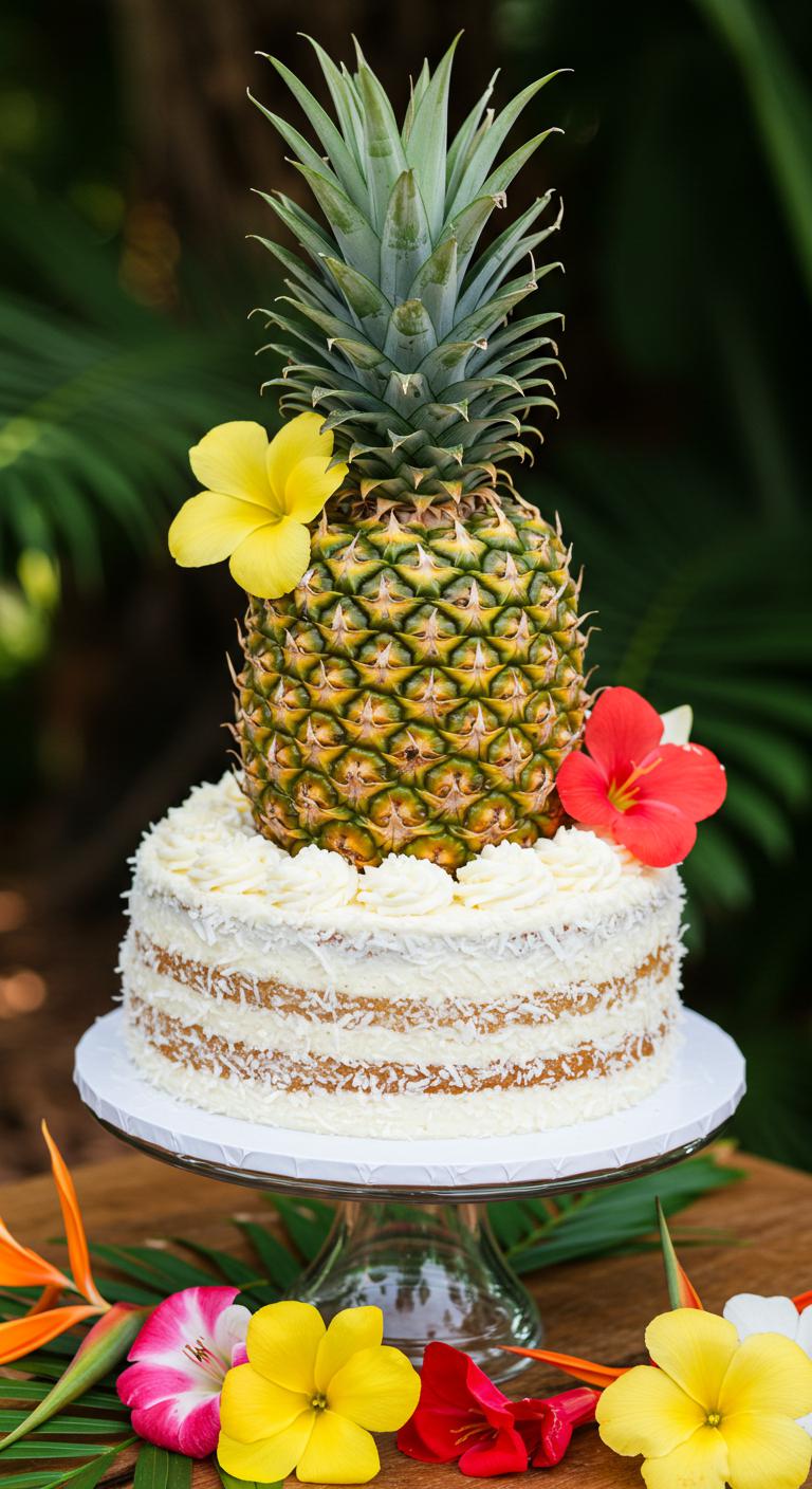 A beautifully decorated **pineapple and coconut cake** featuring vibrant tropical decorations, **moist cake layers**, and **luscious coconut frosting**. The cake is adorned with colorful **floral decor**, set in a **tropical-themed wedding** environment, capturing a sense of paradise and celebration.