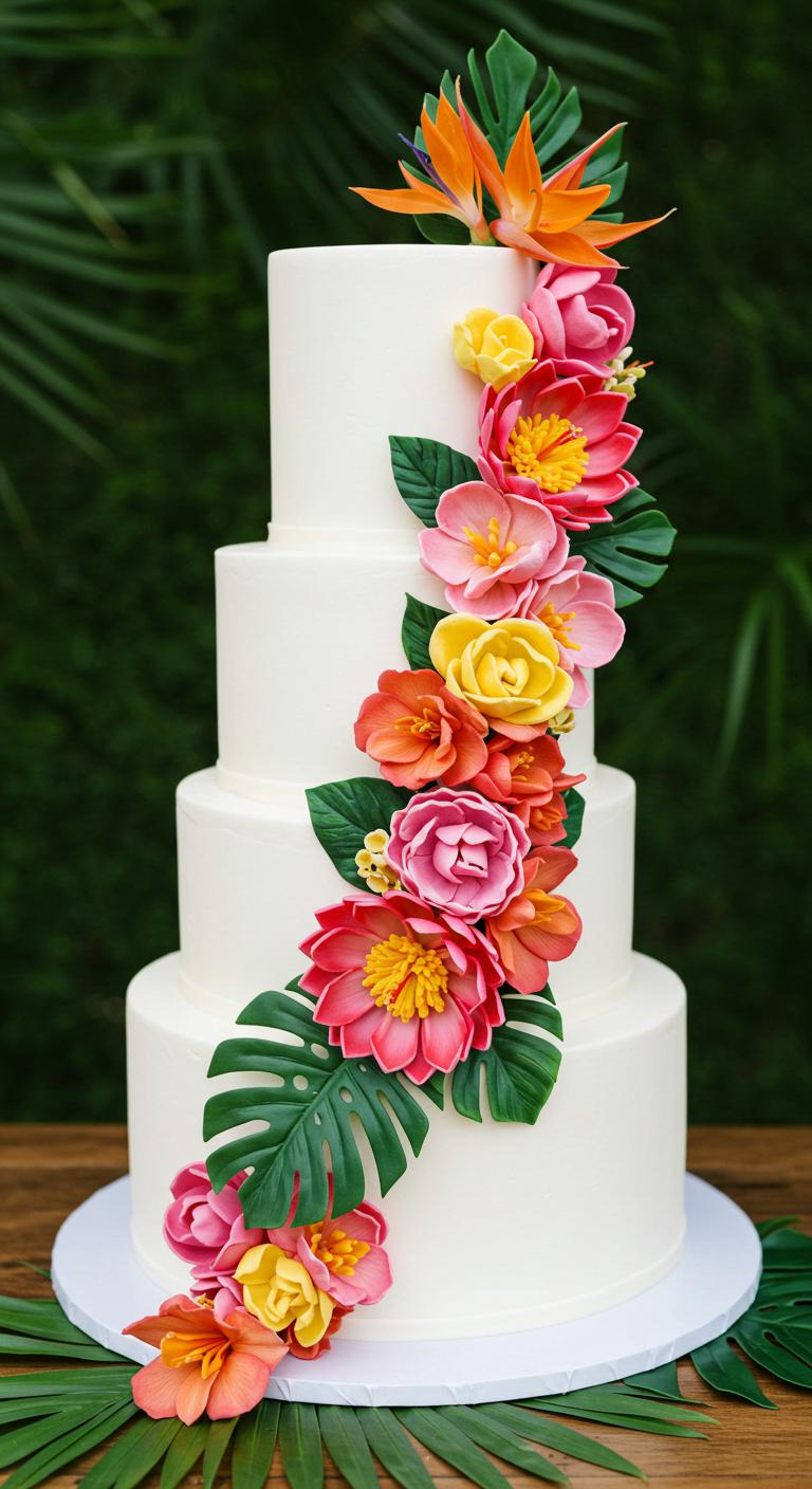 A stunning white cake decorated with **vibrant, colorful tropical flowers** cascading down its layers, set against a lush greenery backdrop, embodying a **tropical wedding celebration atmosphere**. The cake has a smooth finish, with **bold blooms** in **rich textures** and **vivid hues** contrasting beautifully against the pristine white surface. The overall scene captures a sense of **tropical paradise**, enhancing the simple elegance of the cake design.