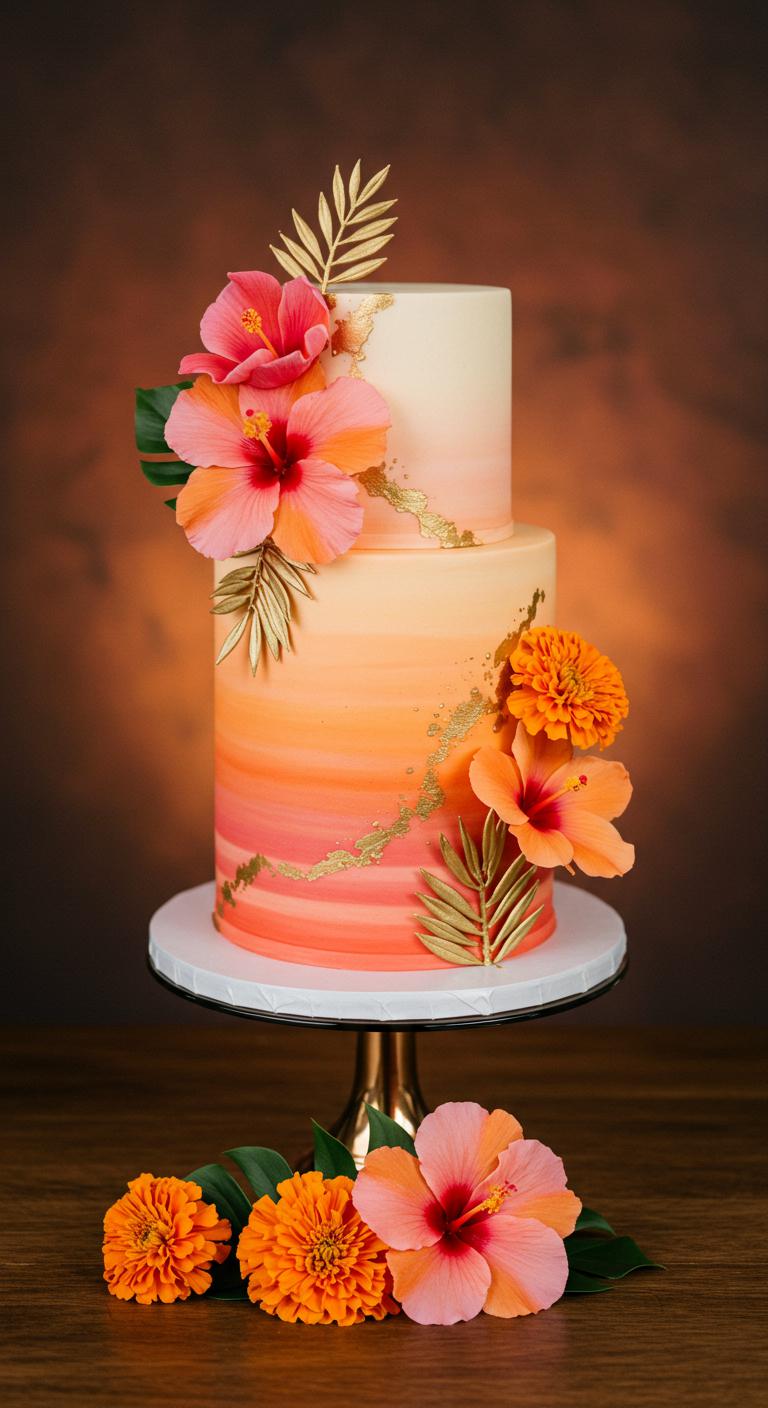 A **rustic wedding cake** adorned with a variety of **edible flowers**, including wildflowers and herbs, set against a charming backdrop of natural elements such as wood and greenery. The cake showcases layers of soft white frosting with delicate petals adding **vibrant colors** and textures, creating an organic and inviting centerpiece for a celebration. Guests are admiring the cake, highlighting its captivating beauty and charm.