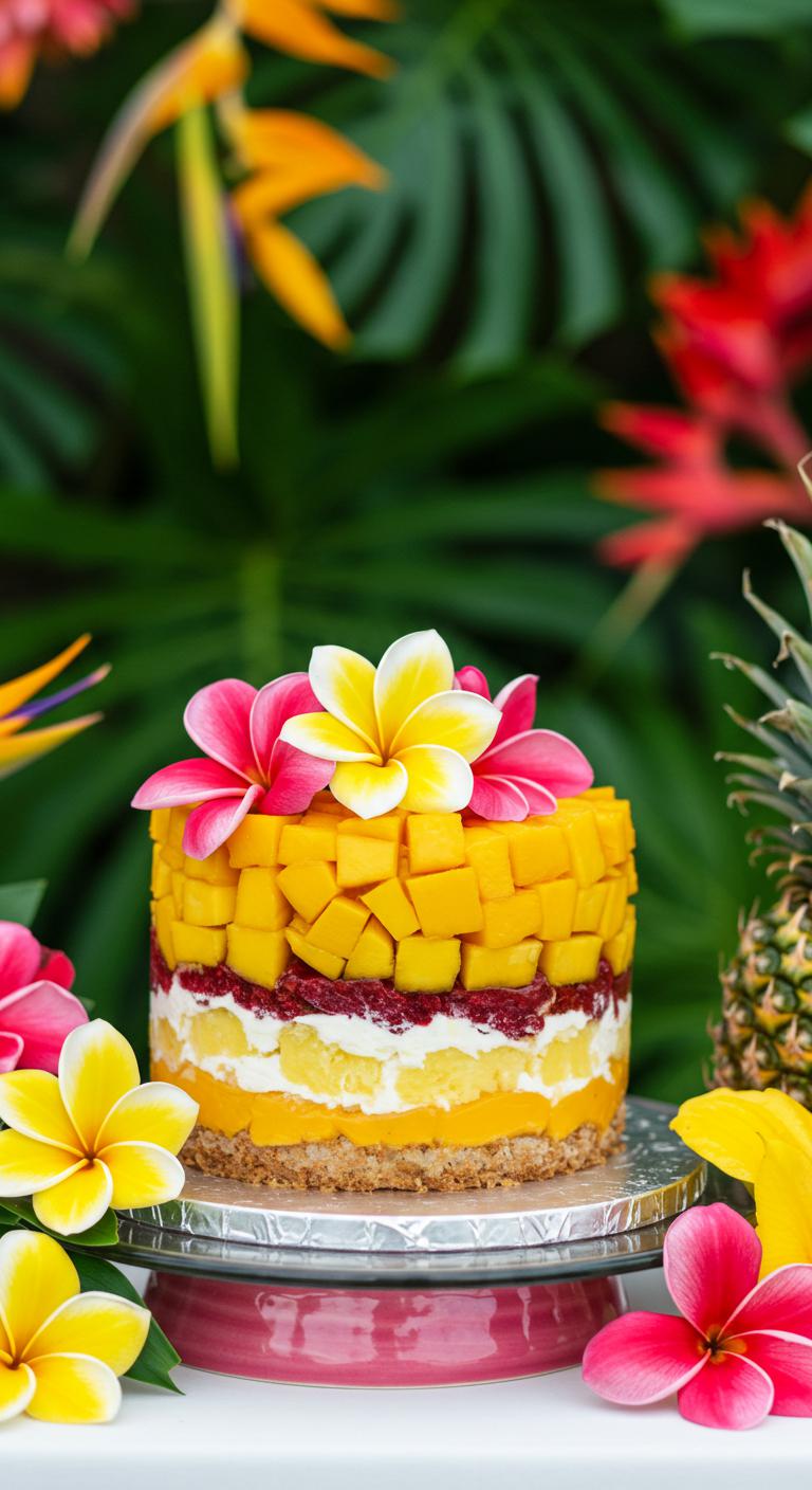 A beautifully decorated **Tropical Fruit and Blossom Cake** featuring **vibrant layers** of mango, pineapple, and coconut. The cake is adorned with **colorful tropical flowers**, set against a backdrop that evokes a **paradise-like atmosphere**, capturing the essence of a **dream tropical wedding celebration**. Bright colors and lush tropical elements should be prominent.