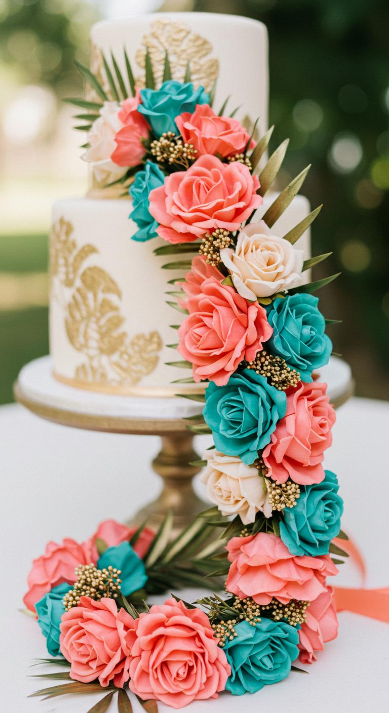A vibrant and lavish **flower crown** crafted from lush **tropical blooms** in hues of coral, teal, and gold, delicately intertwined to create a **harmonious floral palette**. The flower crown is showcased against the backdrop of an elegant **tropical wedding cake**, accentuating the **botanical theme** of the celebration. Soft natural lighting enhances the colors, creating an **enchanting atmosphere** that embodies the essence of a tropical wedding.