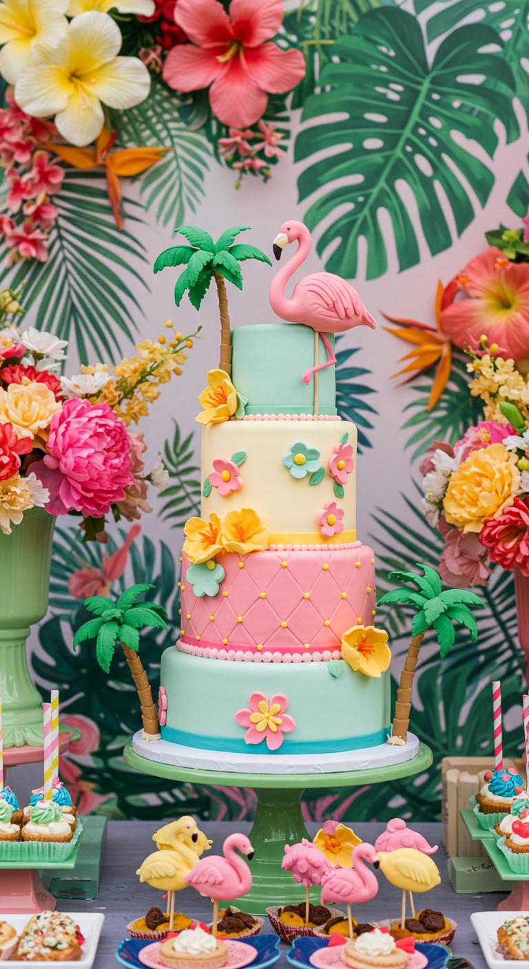A **vibrant wedding scene** featuring a colorful **tropical color palette**, lively **sugar-crafted flamingo cake toppers**, playful palm trees, and a **beautifully designed wedding cake** as the centerpiece, all set against a **whimsical backdrop** of tropical flowers and foliage, capturing the essence of a fun and joyous celebration.