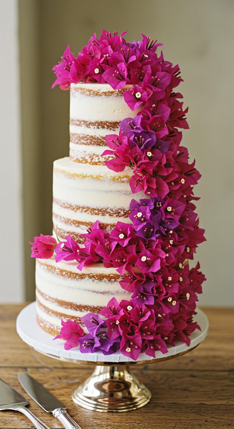 A stunning **wedding cake** adorned with **vibrant bougainvillea flowers** in bold hues of pink, purple, and magenta. The cake should feature a combination of **zesty lemon** and **rich chocolate flavors**, beautifully highlighted by the floral décor. The setting should evoke a **romantic atmosphere**, showcasing the cake as a perfect centerpiece that symbolizes love and passion.