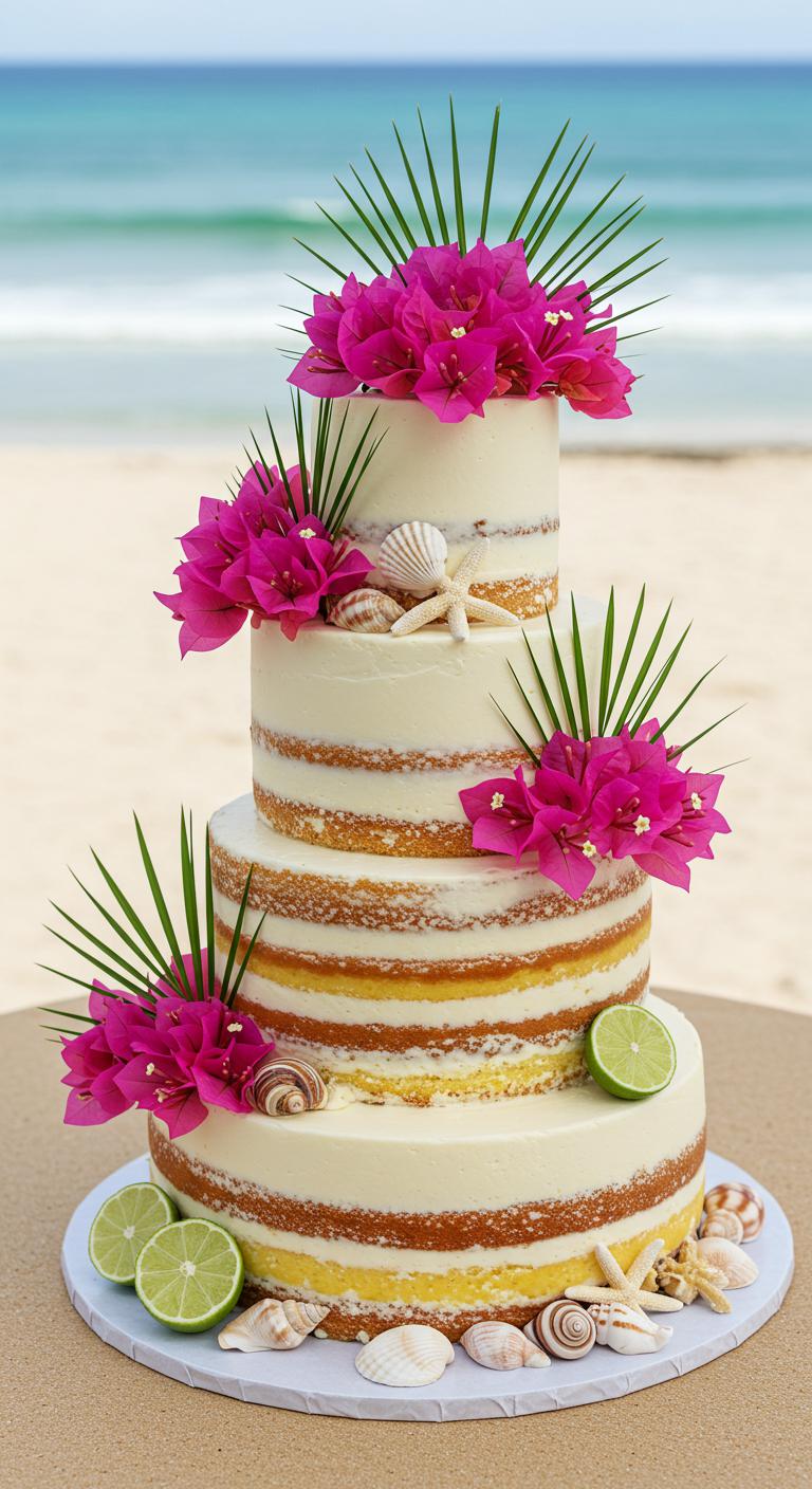 A **beautifully decorated beach-themed wedding cake** featuring **vibrant bougainvillea flowers**, **delicate seashell accents**, and **tropical floral arrangements**. The cake should showcase layers of **invigorating flavors such as coconut**, lime, and pineapple, set against a backdrop of a **romantic seaside setting**. The scene should evoke a sense of love, adventure, and the bliss of a beach wedding, with soft ocean waves and sandy shores in the background.