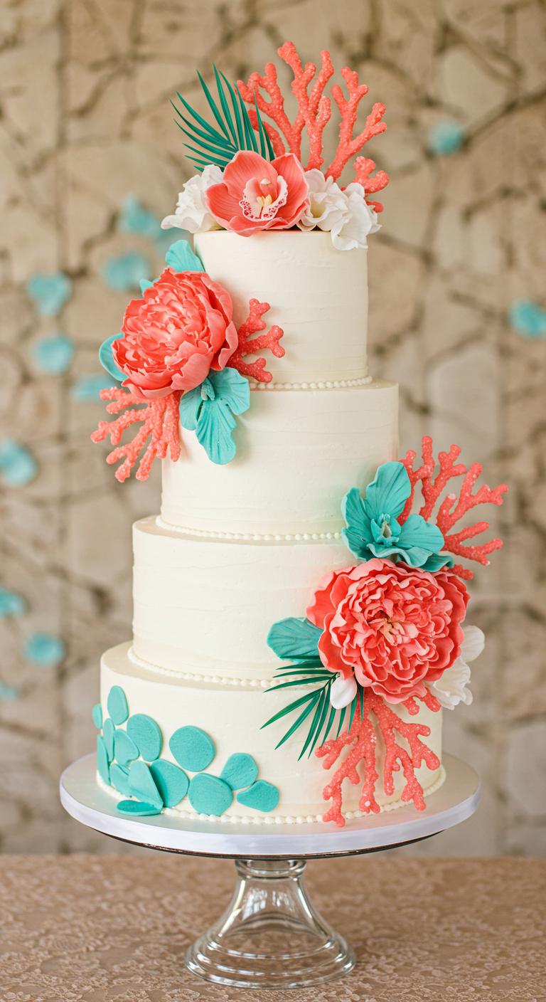 A **stunning wedding cake** adorned with **coral and turquoise hues**, showcasing **vibrant coral decorations** and **delicate turquoise accents**. The cake features white icing, complemented by **tropical flowers** like orchids and peonies, and glimmers of edible glitter, all set against a beautiful wedding backdrop that captures a **paradise aesthetic**.