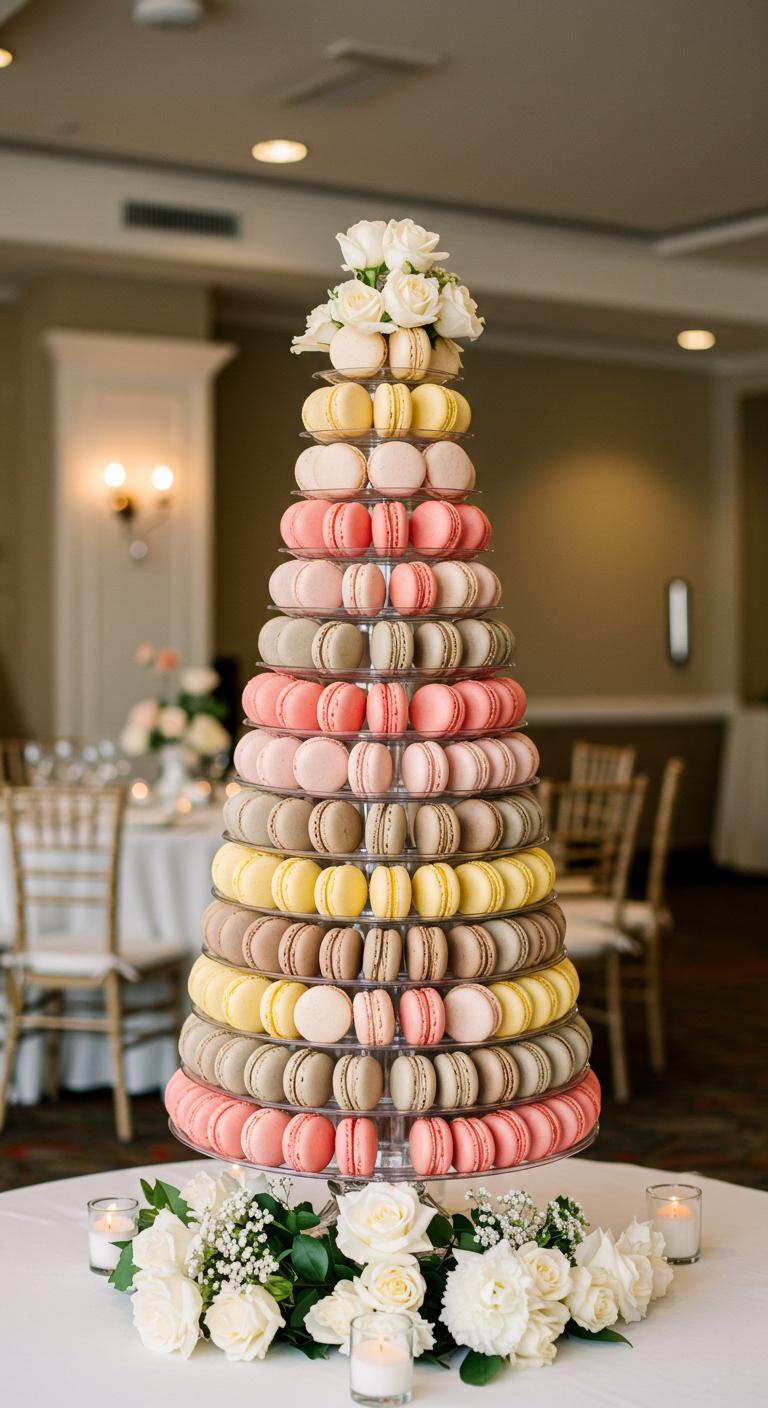A tall, beautifully arranged **macaron tower** as a **wedding centerpiece**, featuring an array of **colorful macarons** in soft pastels and vibrant hues. The tower is adorned with **elegant floral accents**, creating a stunning visual display that exudes a **charming and luxurious atmosphere**. The setting is decorated for a wedding, with soft lighting and complementary decor elements enhancing the overall beauty of the scene.