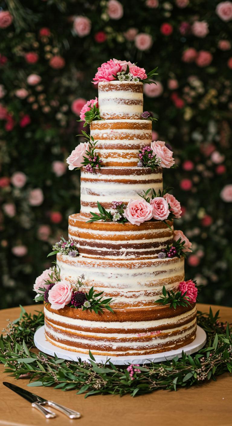 A beautifully decorated **multi-tiered wedding cake**, adorned with an array of **seasonal flowers**, **vibrant blossoms**, and **lush greenery**, set against an enchanting backdrop that elevates the wedding aesthetic. The cake reflects freshness and liveliness, emphasizing **seasonal ingredients** and trends. The scene captures the **elegance and beauty** of the special day, highlighting both taste and visual appeal.
