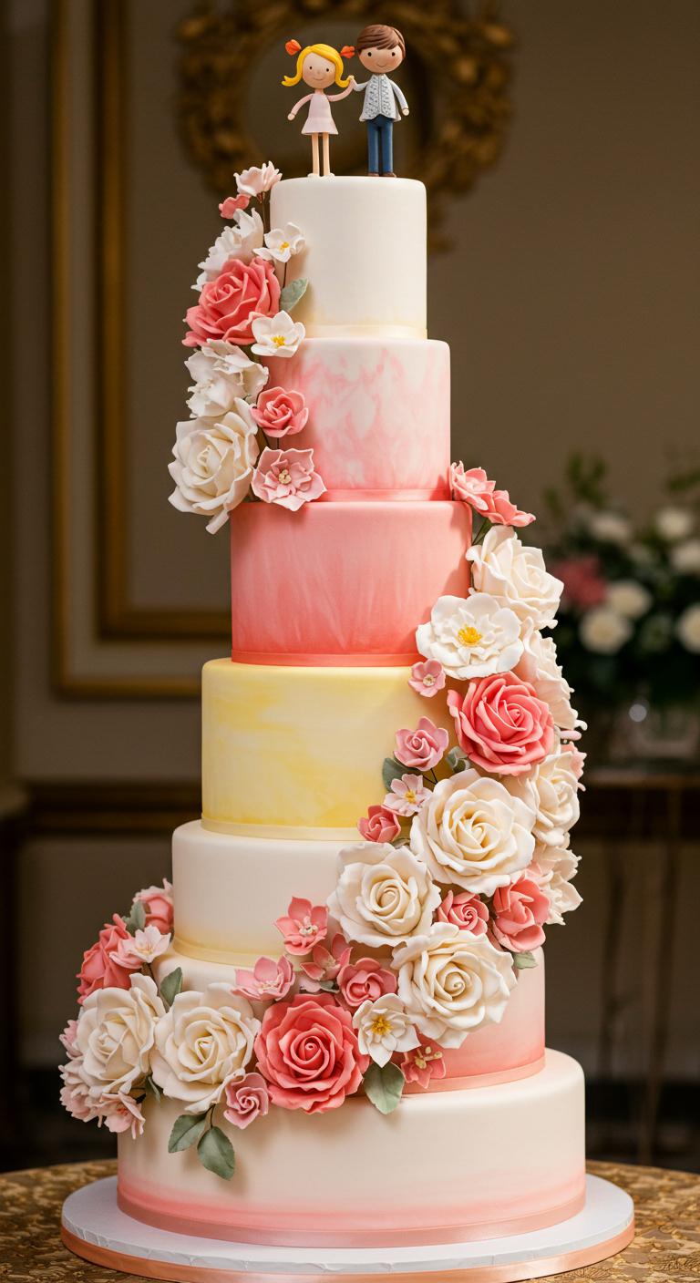 A stunning wedding cake featuring multiple tiers, each adorned with **delicate sugar flowers** cascading gracefully down the sides. The cake is topped with **whimsical cake toppers** that symbolize love, surrounded by **vibrant colors** and a beautiful design that captures the essence of **natural beauty**. The setting is elegant, as the cake is displayed in a romantic environment, enchanting guests with its artistic charm.