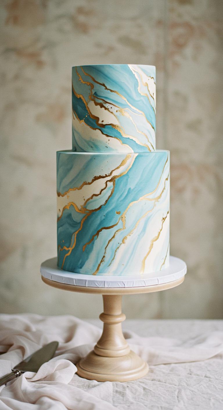 A **rustic two-tier marble cake** with **swirls of earthy tones**, set in a **natural outdoor setting**, surrounded by greenery and floral accents, capturing the essence of simplicity and nature’s charm, perfect for a countryside wedding or intimate celebration. Each layer showcases **unique patterns**, creating a **stunning centerpiece** that captivates and delights guests.