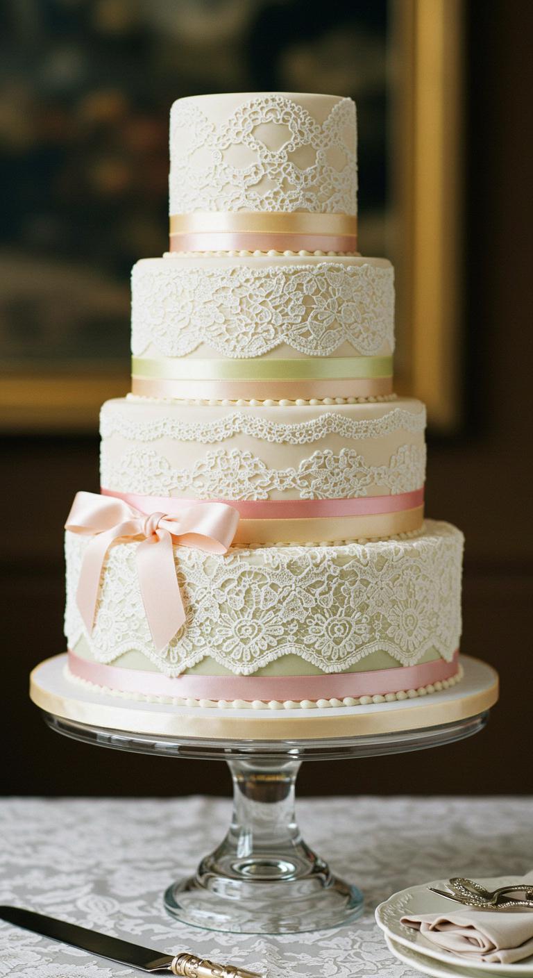 A beautifully crafted **vintage lace ribbon cake**, showcasing intricate lace details and lush ribbon textures. The cake is adorned with a **soft color palette**, like pastels, and is set in an elegant wedding environment, highlighting its **timeless elegance** and **meticulous event styling**.