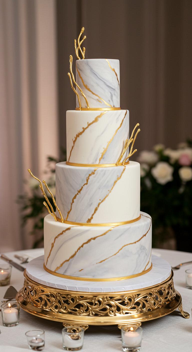 A **stunning, elegantly designed wedding cake** featuring **white and gold marble swirls**, adorned with **delicate gold accents**. The cake is displayed as a **breathtaking centerpiece**, exuding sophistication and **contemporary elegance**, surrounded by soft lighting and wedding decor that emphasizes its luxury. Capture the attention-grabbing details and the overall **enchanting ambiance** of the special day.